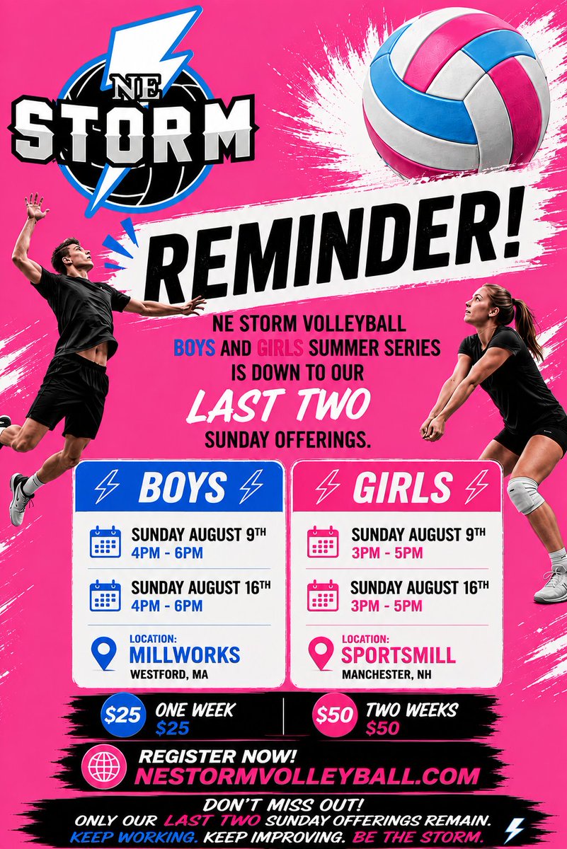 paulren6902's tweet photo. @nestormvball Down to our last two Sunday offerings for Summer Series.  New offering for our High School Girls Pre-Tryout Clinic.  Register asap as these two will fill up quickly.  @NEStormBball https://t.co/1t5wdzzHFE