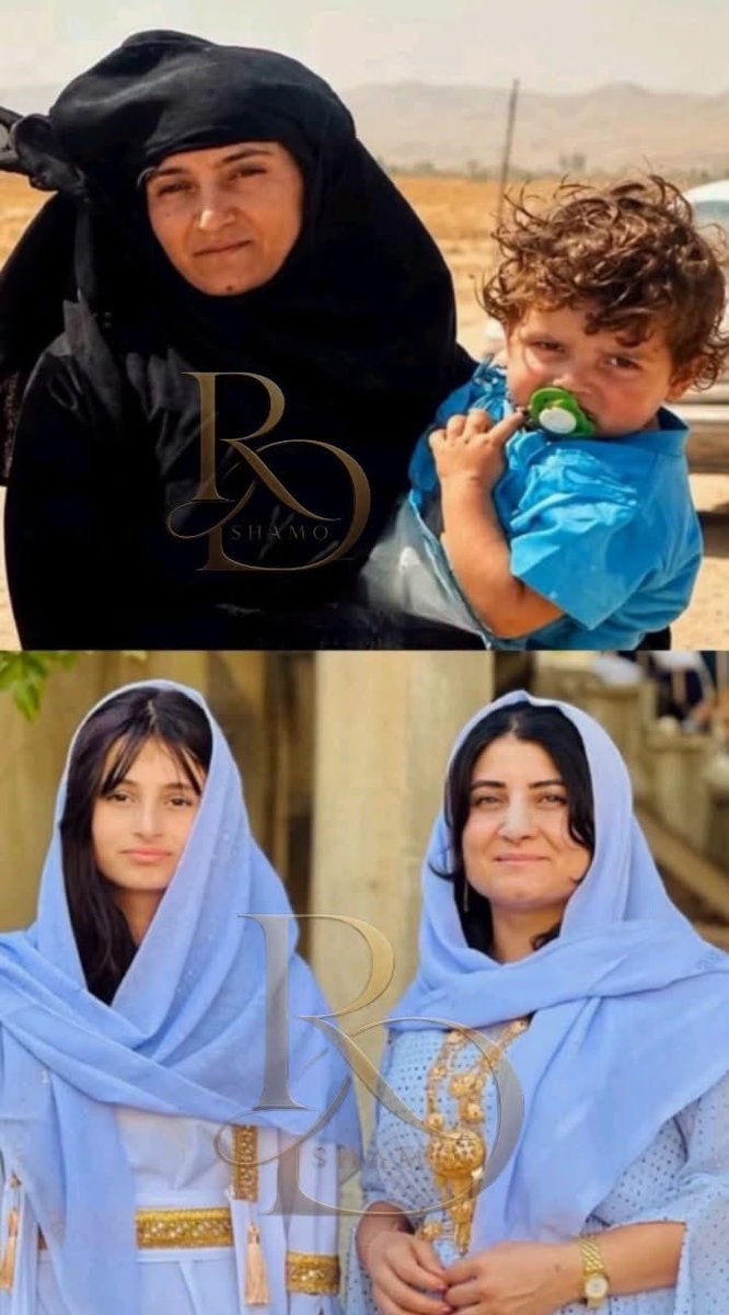 kamlnayf973's tweet photo. في الصورة الأولى أمٌّ تحمل طفلتها بين ذراعيها هربًا من جحيم الإبادة في لحظة خفَقَ فيها القلب خوفًا على مستقبل مجهول وتوقف فيها الزمن أمام قسوة الظلام
وفي الصورة الثانية تظهر ملامح النجاة والأمل ترفعان الرأس كبرياءً وتتوشحان بالزي الإيزيدي 
#YazidiGenocid
#الابادة_الايزيدية https://t.co/oLTyoaaPsV