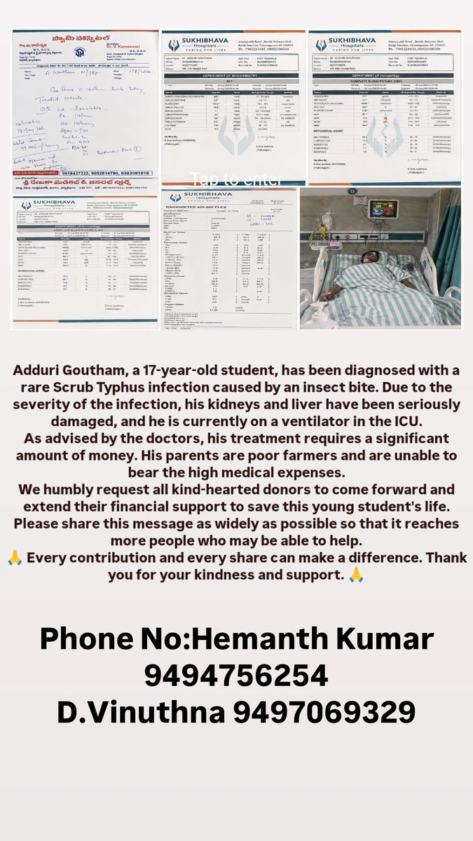 Hemanth48313202's tweet photo. This is my cousin

He is diagnosed with scrub typhus infection 

need 2-3 lakhs for treatment 

Pls andharu share, like and repost cheyyandi 

Kindha medical files anni attact Chesthanu kaavalante thoruough gah check cheyyandi 

🙏����Pls help him. https://t.co/x4Kn0d922g