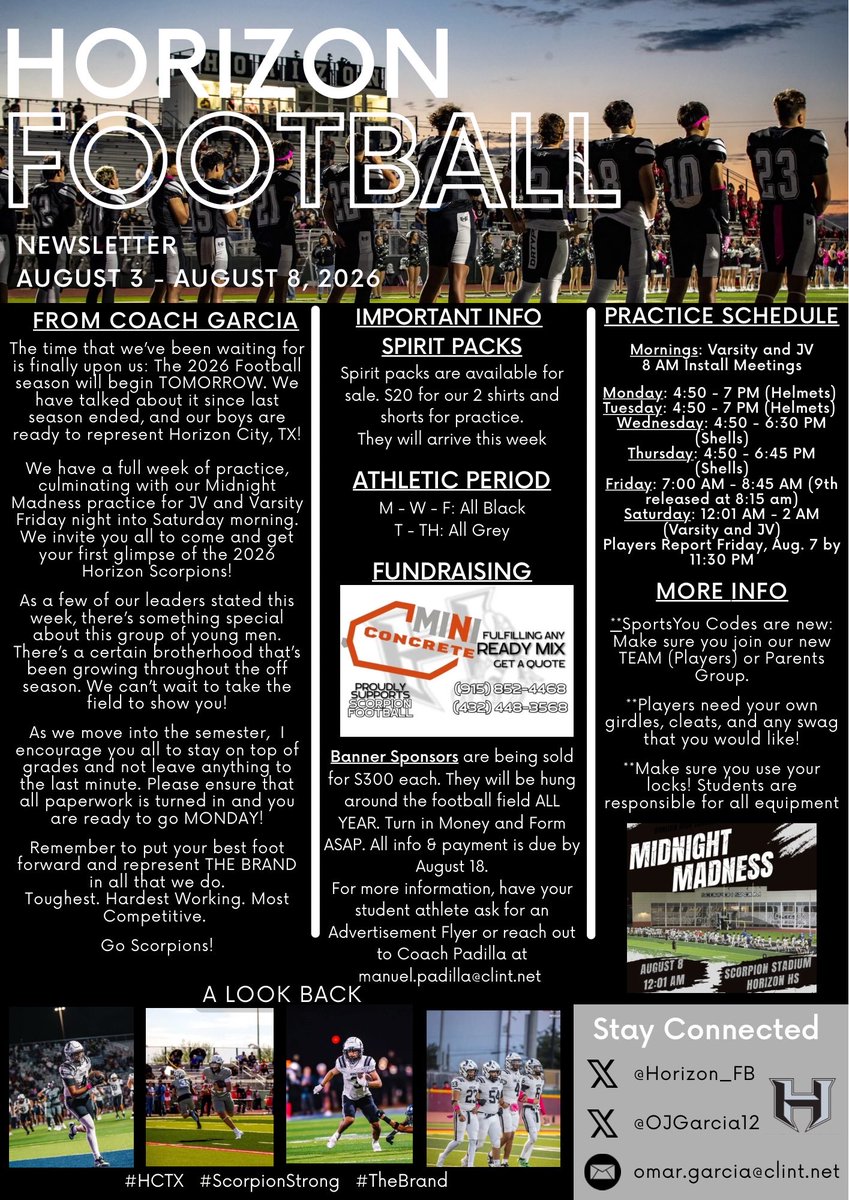 Horizon_FB's tweet photo. Horizon Scorpions Newsletter π π¦
Week of August 3 - 8, 2026
#HCTX #ScorpionStrong #TheBrand https://t.co/M7BP0lcm3S