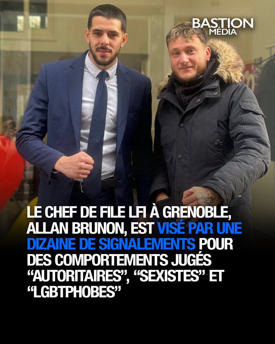 BastionMediaFR's tweet photo. 🔴🇫🇷 𝗙𝗟𝗔𝗦𝗛 𝗜𝗡𝗙𝗢 — Le chef de file LFI à Grenoble, Allan Brunon, fait l’objet d’une DIZAINE de signalements internes pour des comportements jugés « autoritaires », « sexistes » et « LGBTphobes » par plusieurs militants et élus LFI.

Plusieurs élus l’accusent notamment de harcèlement moral, de menaces, d’un management jugé « autocrate et brutal ». 

Deux conseillers municipaux ont même quitté son groupe en dénonçant des comportements « violents, autoritaires, sexistes et LGBTphobes ».

L’un des signalements porte également sur une vidéo dans laquelle Allan Brunon traite un commerçant de « sale tapette ». 

Selon Mediapart, il avait d’abord refusé de présenter des excuses, avant que la direction nationale de LFI n’intervienne pour le pousser à publier un message.

(Source : Mediapart)