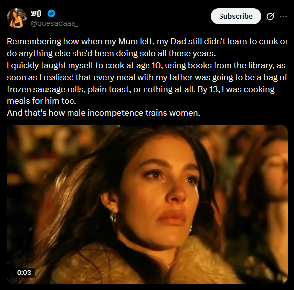 GundamIsHere's tweet photo. Your mother abandons you; your father keeps you in a home with food to eat, but he was "incompetent" because he didn't learn to make avocado-toast the way you liked it? 
Indirectly, by not being a good cook, odds are from working long shifts... You learned to be self-sufficient enough to make a meal for yourself, like every other child in a single-parent household! 
The lion the witch & the sheer audacity of this bitch.