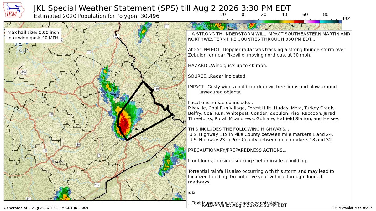 RadioSkywarn's tweet photo. A STRONG THUNDERSTORM WILL IMPACT SOUTHEASTERN MARTIN AND NORTHWESTERN PIKE COUNTIES THROUGH 330 PM EDT [wind: 40 MPH, hail: 0.00 IN] https://t.co/ptwxcuUttn https://t.co/NR1oUSi4wf