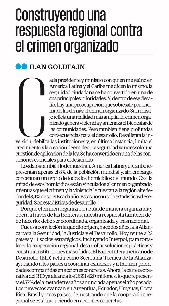 el_BID's tweet photo. "El crimen organizado no conoce fronteras. Nuestra respuesta tampoco puede estar limitada por ellas".

En este artículo de opinión, el presidente del Grupo BID, @igoldfajn, comparte por qué la seguridad se ha convertido en una prioridad para el desarrollo y por qué la cooperación regional es esencial para fortalecer las instituciones y lograr resultados concretos en la lucha contra el crimen organizado.

Esta semana seguiremos impulsando este trabajo en la Cumbre de Seguridad y Justicia en Brasilia. 

Lee el artículo completo en @El_Universal_Mx: https://t.co/7D7A7SorS5