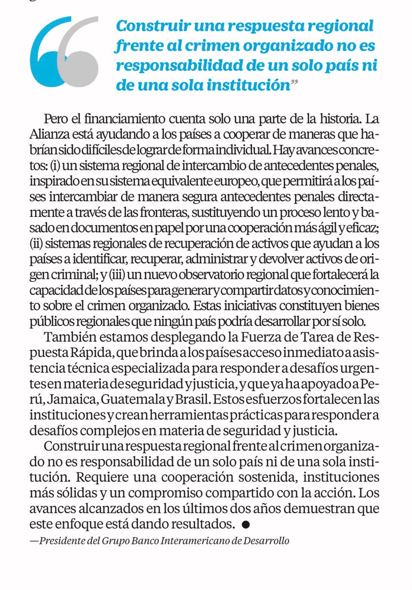 el_BID's tweet photo. "El crimen organizado no conoce fronteras. Nuestra respuesta tampoco puede estar limitada por ellas".

En este artículo de opinión, el presidente del Grupo BID, @igoldfajn, comparte por qué la seguridad se ha convertido en una prioridad para el desarrollo y por qué la cooperación regional es esencial para fortalecer las instituciones y lograr resultados concretos en la lucha contra el crimen organizado.

Esta semana seguiremos impulsando este trabajo en la Cumbre de Seguridad y Justicia en Brasilia. 

Lee el artículo completo en @El_Universal_Mx: https://t.co/7D7A7SorS5
