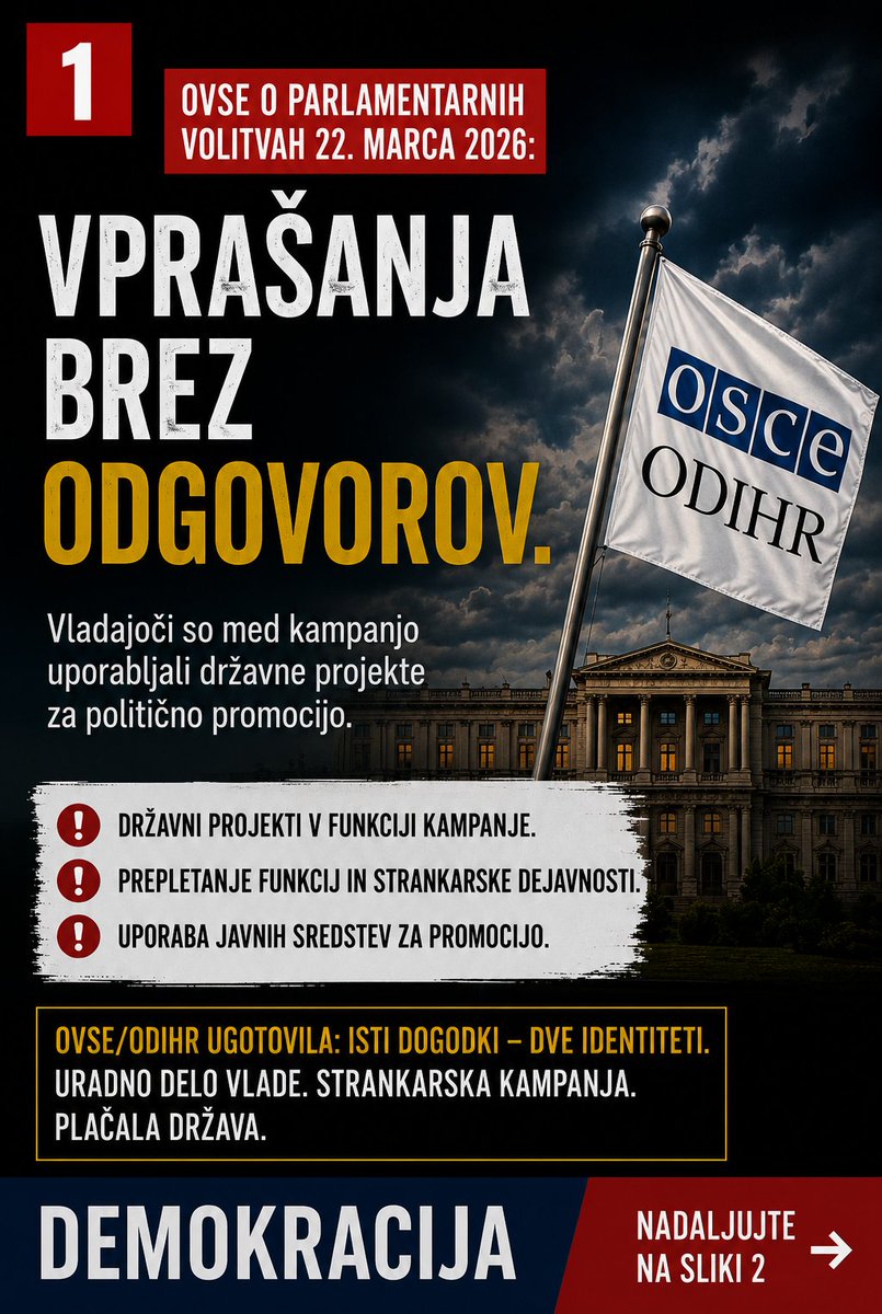 miro5ek's tweet photo. Kaj se zgodi, ko politična stranka za svojo promocijo uporabi državni aparat? Ko uradni obisk ministra ali predsednika vlade, skupaj s protokolom, varovanjem, javnimi uslužbenci, fotografi, snemalci in komunikacijskimi službami, postane del predvolilne kampanje?  Ko nadzorni organi podrobno preverjajo, ali je kandidat pravilno prijavil skodelico kave, plastenko vode ali nekaj piškotov na predvolilni stojnici, pa ugotovitve, kot jih navaja končno poročilo OVSE/ODIHR, gredo mirno mimo njih ter javnosti in medijev.
Golob, Bratuškova in Han so v času predvolilne kampanje zlorabili uporabo javnih sredstev za volilne namene, kar ugotavlja OVSE in o čemer pišem v Demokraciji. Isti dogodki so bili hkrati predstavljeni kot uradna dejavnost države in kot del strankarske kampanje. To niso več vprašanja računov za kavo, temveč vprašanja enakosti volilne tekme, poštenosti kampanje in uporabe državnega aparata ter javnih sredstev v politične namene. OVSE daje dovolj materiala za preiskavo v različnih smereh…
O kritičnih poročilih OVSE glede volitev v drugih državah RTV in STA zelo rada poročata,  ugotovitvam o Sloveniji doslej niso namenili nič pozornosti. Sicer pa, a se kdo temu čudi, saj vendarle gre za Goloba, Bratuškovo in Hana?
