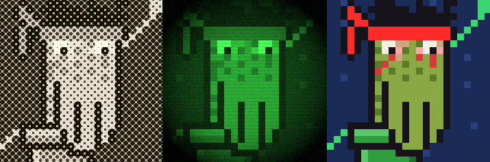 ponksnft's tweet photo. Some texture traits highly alter the look and feel of each Ponk. If you're lucky enough to mint a Ponk that has a texture trait, and you don't like how it looks.. no worries. 

I'm building a tool that will allow you to connect your wallet holding your Ponks, and adjust both the Overlay and Texture trait categories. This will allow you to remove those traits visually, if you prefer a cleaned up NFT. The traits will still exist on chain in the metadata, so this will not change the rarity of the NFT, it is simply a visual change for modifying how your NFT will look if you want to use it as a PFP. 

All 3 Ponks below have the same traits, with the exception of the Texture trait category. The first 2 rolled a texture trait. The last one is what they look like using the Ponks pfp tool to strip the texture trait.