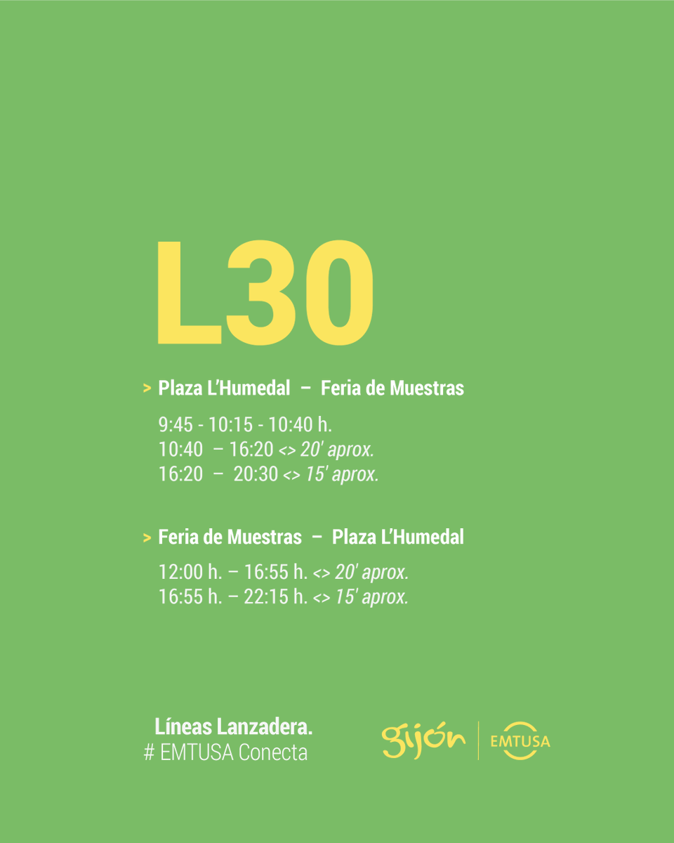 GijonBus's tweet photo. #EMTUSAconecta > @fidmagijon
‼️Desde el sábado día 1 y hasta el domingo 16 de agosto de 2026, #GijónEMTUSA pondrá en marcha como todos los años el BUS LANZADERA #FIDMA > Línea 30 y el BUS LANZADERA PARKING > Línea 31.
https://t.co/U5VeIYDbaJ
#GijónMejorEnBus a la #FIDMA26 https://t.co/9tKysMv69k