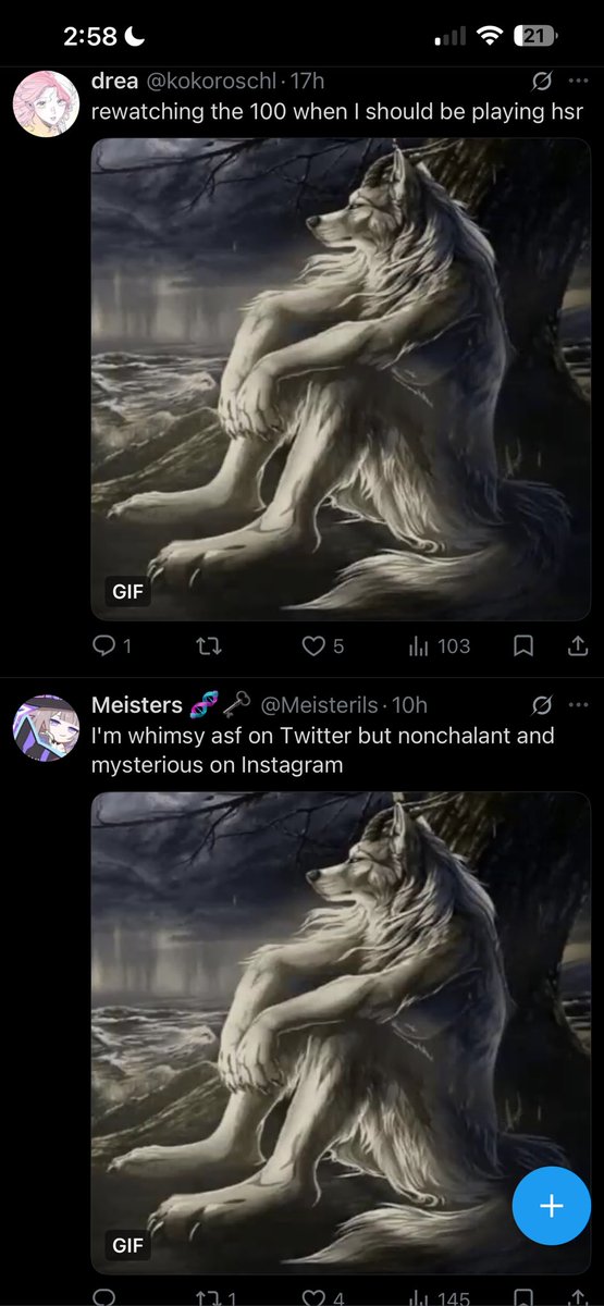 hertathinker's tweet photo. two different oomfs using the same wolf gif i’m giggling https://t.co/WS3ofwpgtp