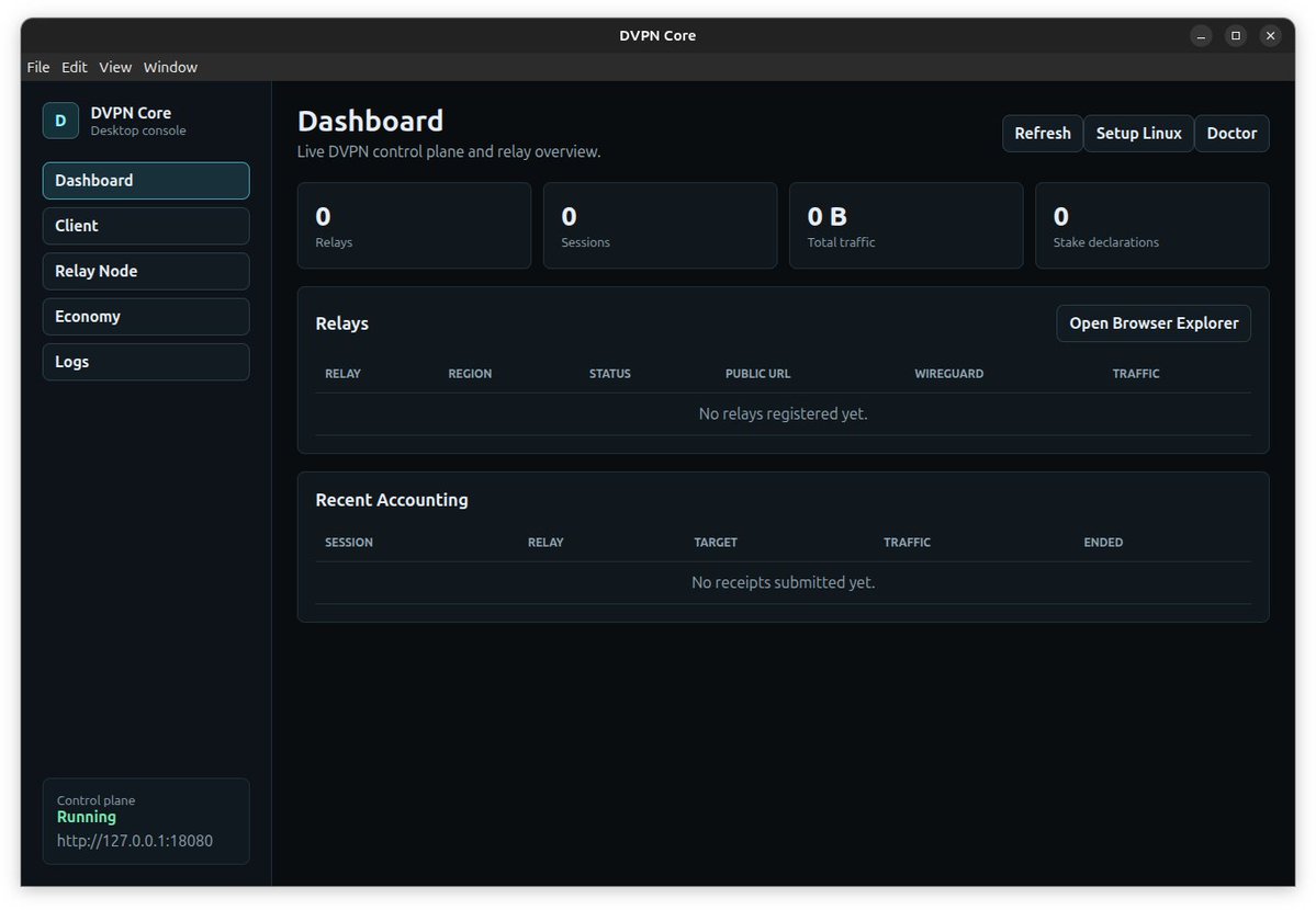DVPNNet's tweet photo. We just added the first desktop GUI to DVPN Core

  The app now makes it easier to run and monitor the control plane, relays,
  client tunnels, logs, diagnostics, staking, and rewards from one place

  Step by step, DVPN Network is moving from core infrastructure to usable tools https://t.co/0lx1yyYoa2