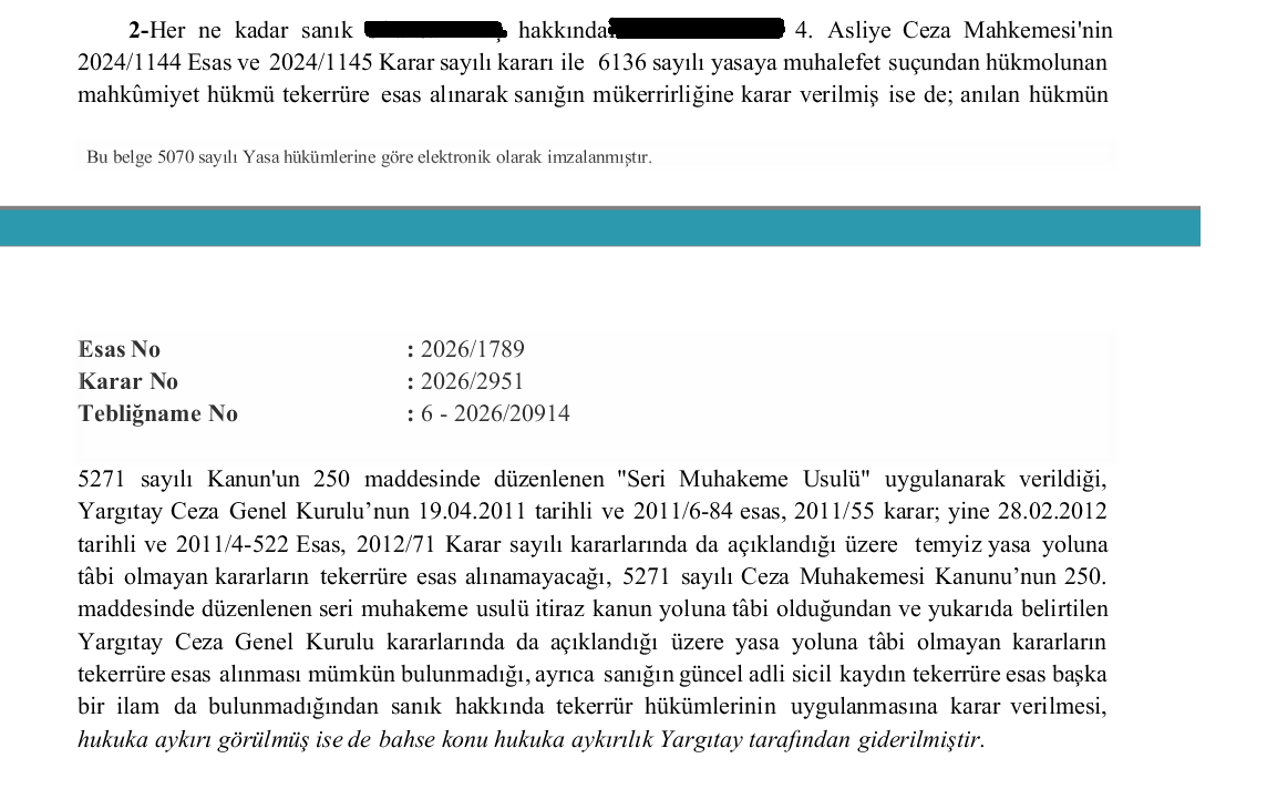 _ferhatguven_'s tweet photo. Seri Muhakeme usulü uygulanarak verilen mahkumiyet kararları tekerrüre esas alınabilir mi? 
Yargıtay 1. Ceza Dairesi: Alınabilir 
6. Ceza Dairesi: Alınamaz https://t.co/YGnrufhZSE
