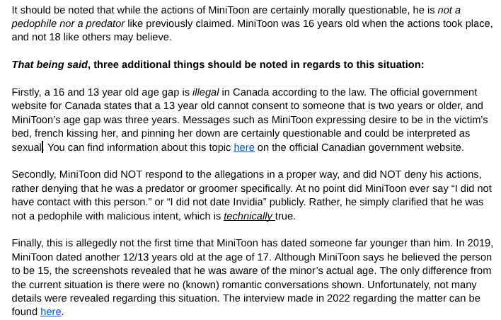 BurnerDocument's tweet photo. We have made the discovery that the relationship between MiniToon and the 13 year old victim was ILLEGAL according to Canadian law. We have updated the document to reflect this new information, and we suggest you look over the official government website provided. https://t.co/AkTAu1iY7t