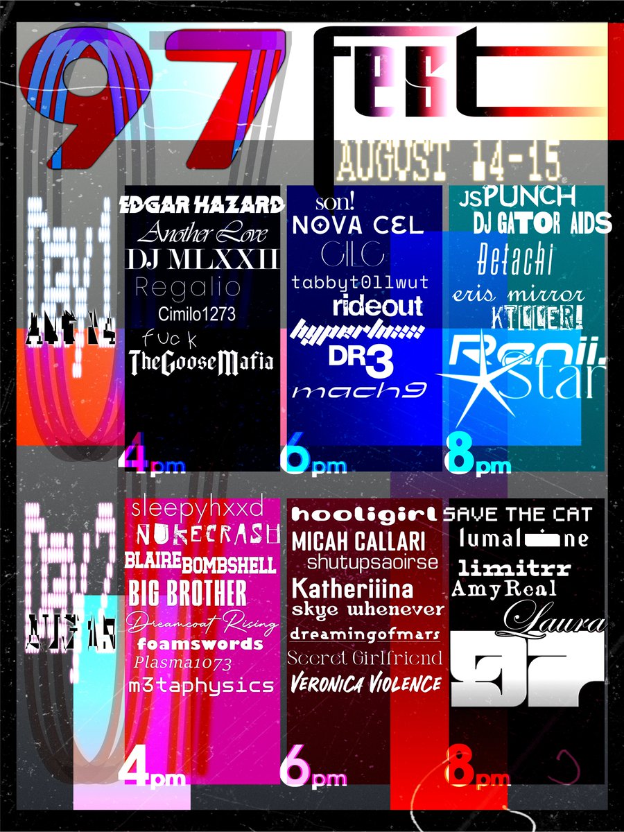 mem0ry97's tweet photo. 97FEST 2026 WILL BE STREAMED LIVE ON AUGUST 14TH - 15TH. STREAMING ON TWITCH AND YOUTUBE. PROCEEDS GO TO NAMI.

THANK YOU TO THE ARTISTS WHO MADE THE POSTERS! @emilefortunee @lumalinee @lettuceplus1

Thank you to everyone who made a set this year <3 https://t.co/9aqMtOzyVE