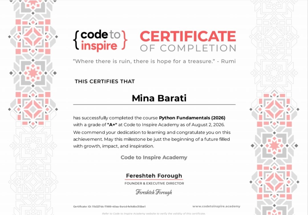mina_joya's tweet photo. And Now it's my turn 😁 to show you my certificate from CTI academy because I just finished Python fundamentals a six month course. This certificate means the journey has been just started.
Special thanks to my dear teacher @a_daneshyar  and @CodeToInspire  academy 🙏🏼😊 
#Python https://t.co/udbL9s4x9f