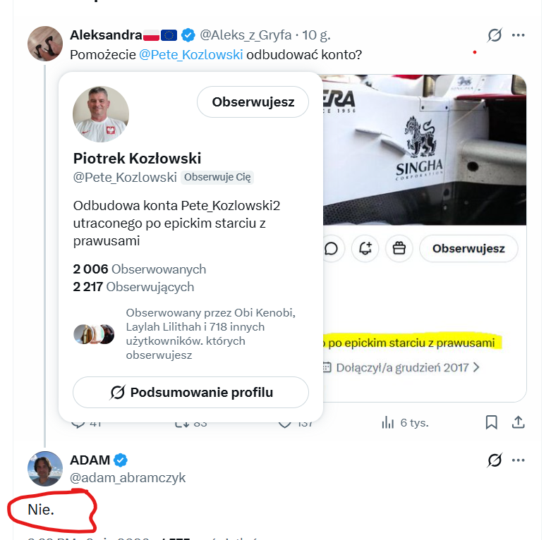 Aleks_z_Gryfa's tweet photo. Gdy prosiłam Was o pomoc w odbudowie konta Piotra @Pete_Kozlowski , chłopaka obserwowało 2009 osób.

I przyszedł nasz Dadaś🙃 - Maratończyk, oświadczyć, że "łon nie pomoże"  ... nie musiał, nikt go o to nie prosił i wątpliwym jest, by ktokolwiek po naszej stronie go szanował.

Zatem podbijam konto Piotra, kto nie ma - ten niech kolegę obserwuje, choćby na złość Dadasiowi🤣.
