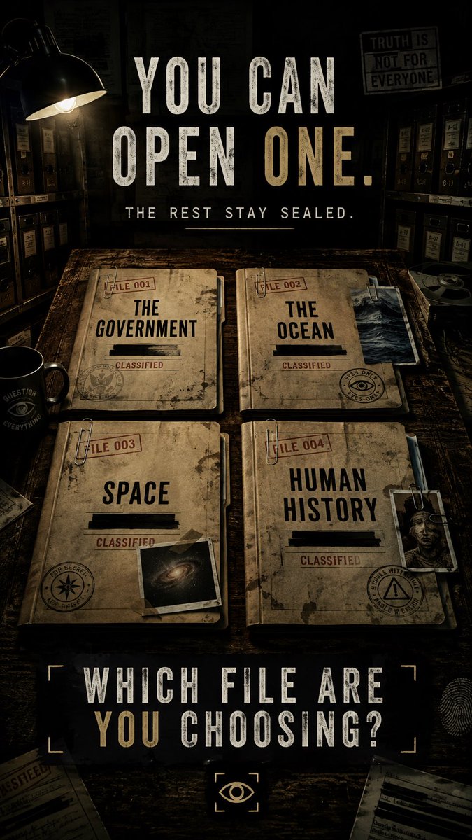 RabbitHoleA's tweet photo. You get ONE file. The other three stay sealed forever.

Government. Ocean. Space. Human History.

What are you opening? 👇 https://t.co/eHMT3n5KbN