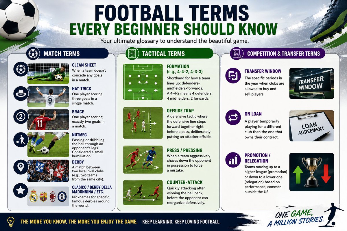 iamikenna's tweet photo. Football has its own language. ⚽

Know these terms:
• Clean sheet = No goals conceded
• Hat-trick = 3 goals
• Brace = 2 goals
• Nutmeg = Ball through an opponent's legs
• Derby = Local rivals
• Pressing, Counter, Offside Trap &amp; Formations = Tactical basics

Save this!! https://t.co/RbPUzm2WiP