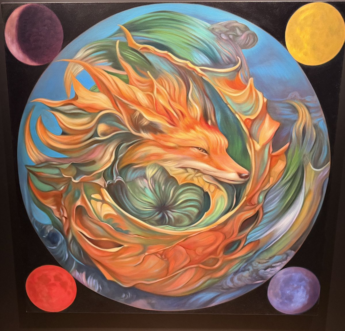 sapphire_bee's tweet photo. Spent an afternoon inside someone else’s imagination. Spirals everywhere. On the canvas, on the floor, in the fox curled into itself. 

I keep thinking about how nothing in that room was still. https://t.co/8jArFeJpjF