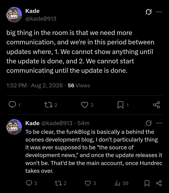 News_Funkin's tweet photo. Kade says the Funkin' Crew is in this period where they cannot show anything, or communicate until the Week 8 update is complete.

He also confirms that the main social media accounts for Friday Night Funkin' will be controlled by Hundrec after the update releases. https://t.co/3t5g1FeZwO