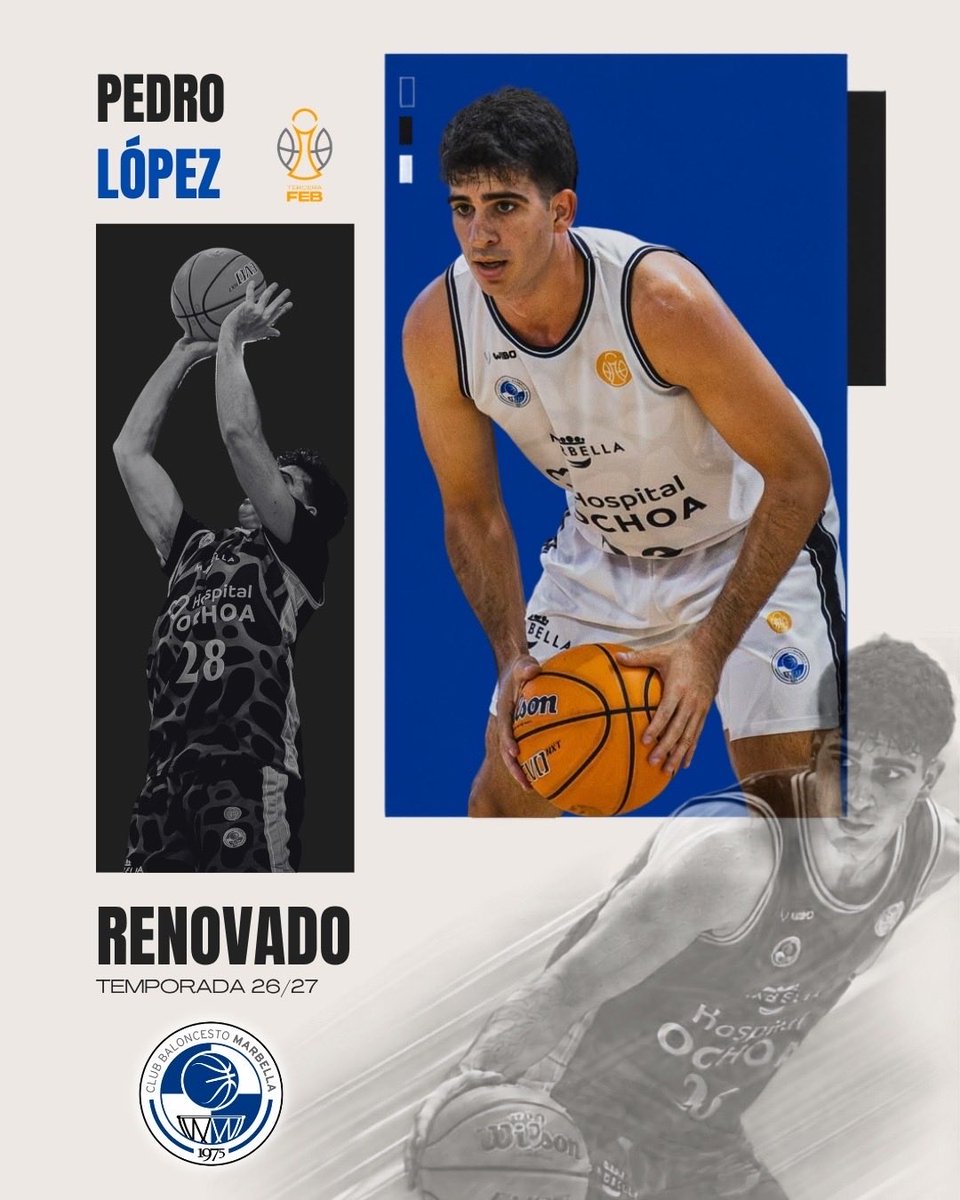 CBMarbella1's tweet photo. 🔵⚪️ TERCERA FEB | RENOVACIÓN

Pedro López seguirá defendiendo la camiseta del CB Marbella una temporada más. 💙

Compromiso, trabajo y entrega para sumar la primera renovación de nuestro proyecto 2026/27.

¡Vamos, Pedro! 🏀 #CBMarbella #TerceraFEB https://t.co/WSpihiMXPb