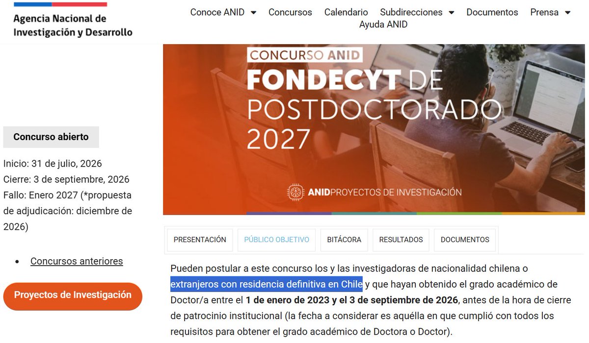 VictorN_R's tweet photo. Exigir residencia definitiva para postular al Fondecyt Postdoctorado 2027 excluye talento por razones migratorias antes de evaluar su mérito científico. Chile necesita atraer investigadores, no cerrarles la puerta. ANID debe revisar este requisito. https://t.co/zIBvnU2bM3