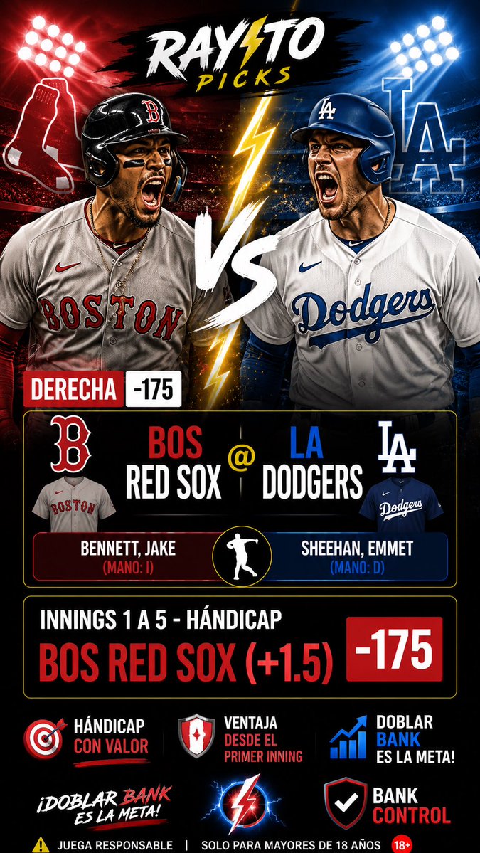 ApuestasRayito's tweet photo. 🚨 ¡OTRA DERECHA LISTA PARA COBRAR! ⚡️🔥

⚾️ MLB
BOS Red Sox 🆚 LA Dodgers

✅ Pick: Red Sox +1.5 (Primeros 5 innings)
💰 Momio: -175

💸 ¡DOBLAR BANK ES LA META!

#MLB #RedSox #Dodgers #ApuestasDeportivas #SportsBetting #Beisbol #RayitoPicks #BankControl #MLBPicks ⚡️ https://t.co/enWze1RRxW