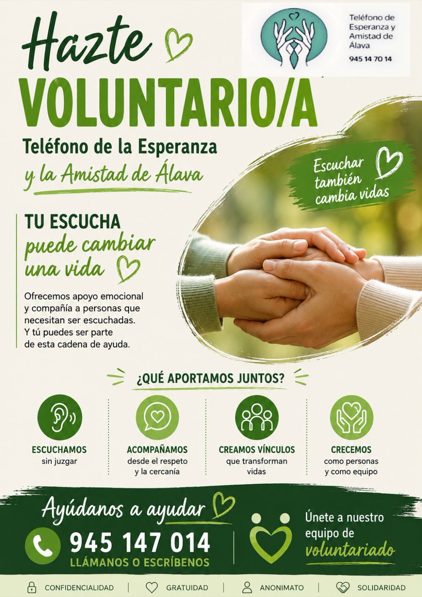 alavaesperanza's tweet photo. 🤝 Hazte voluntario/a

📍Teléfono de la Esperanza y Amistad de Álava.

Tu tiempo, tu escucha y tu compromiso pueden marcar la diferencia en la vida de muchas personas.

# 945 147 014
👐🏽Ayúdanos a ayudar.

☎️Escuchar también cambia vidas. Únete a nuestro equipo de voluntariado. https://t.co/ZaUjRCZnQm
