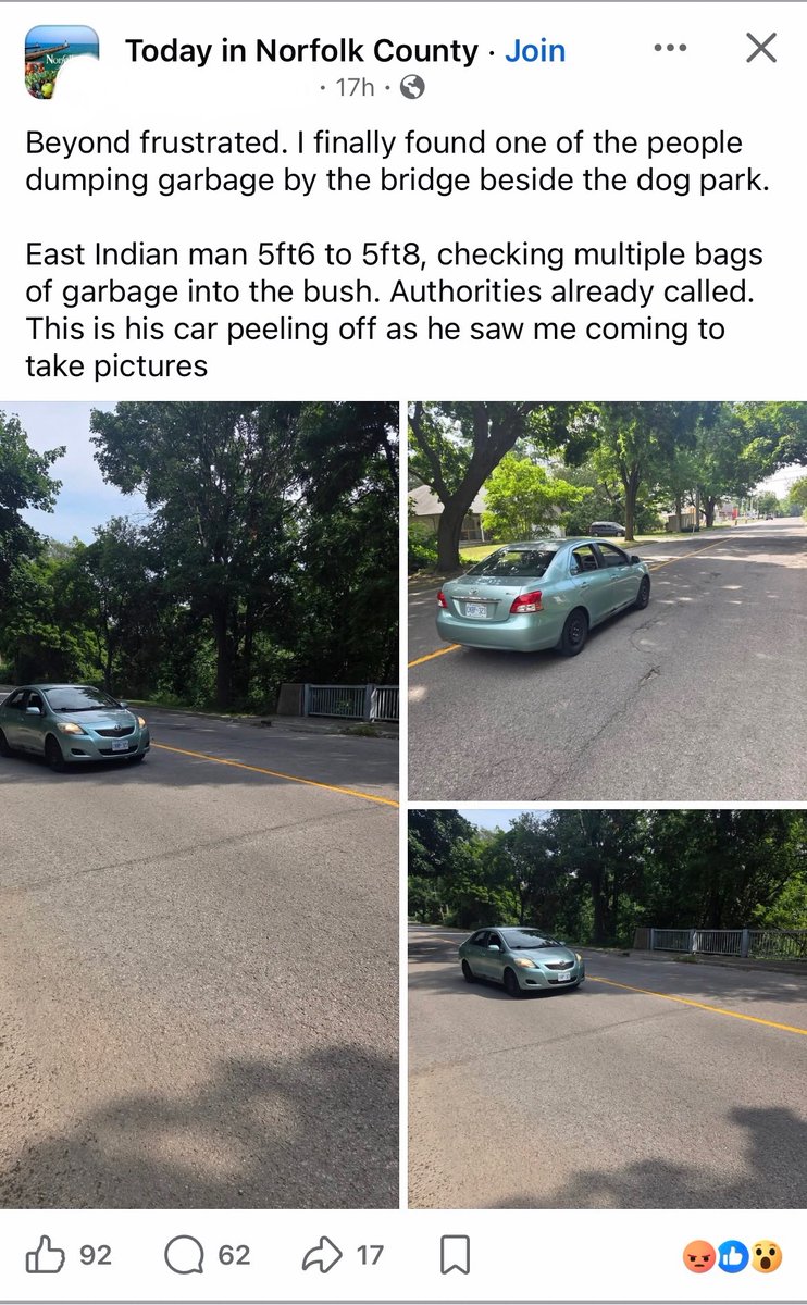 bears_aware's tweet photo. Norfolk County, Ontario:
A man described as “East Indian”     was caught chucking multiple bags of garbage into the bush next to a bridge. 
The illegal dumper sped off before being confronted by the civilian who was able to get a few pictures of his car.
Stories like this have become quite common in small town community Facebook groups.