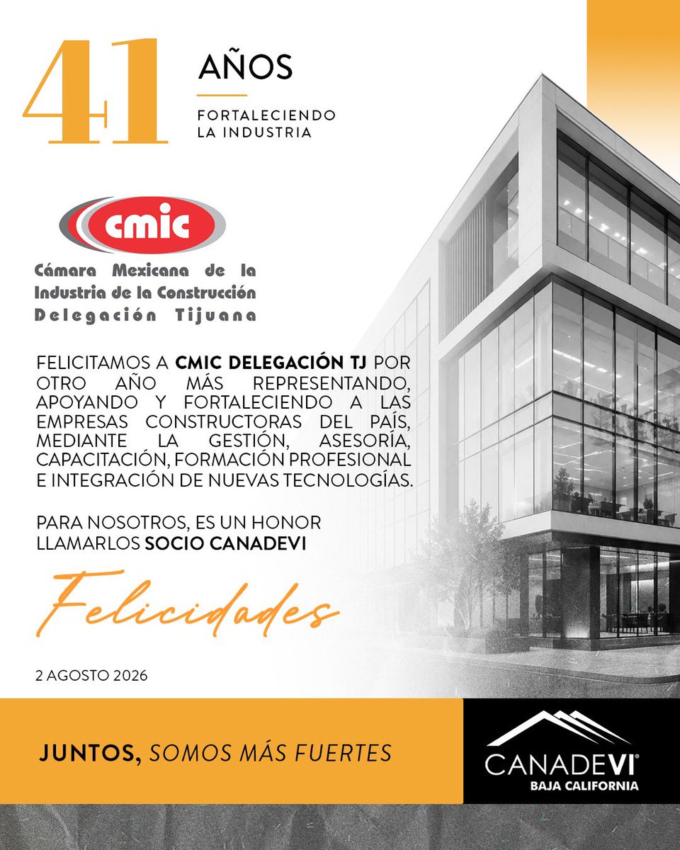 CanadeviBCN's tweet photo. 🥳 Muchas felicidades para CMIC Tijuana por celebrar su 41 Aniversario siendo un #ProveedorConfiable constituido en 1985, que tiene como objeto representar, defender y fomentar los intereses generales de los industriales de la construcción. 🏗🚧. 🙌🏼
#SoyCanadevi https://t.co/sRL0uuqTnI