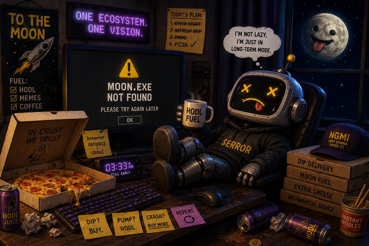 404coin_meme's tweet photo. SYSTEM UPDATE: LONG-TERM MODE ACTIVATED.

Chart checked.
Moon still missing.
Pizza successfully located.

The robot isn’t lazy — he’s just holding with maximum efficiency.
$ERROR https://t.co/X7hFx3Avpa