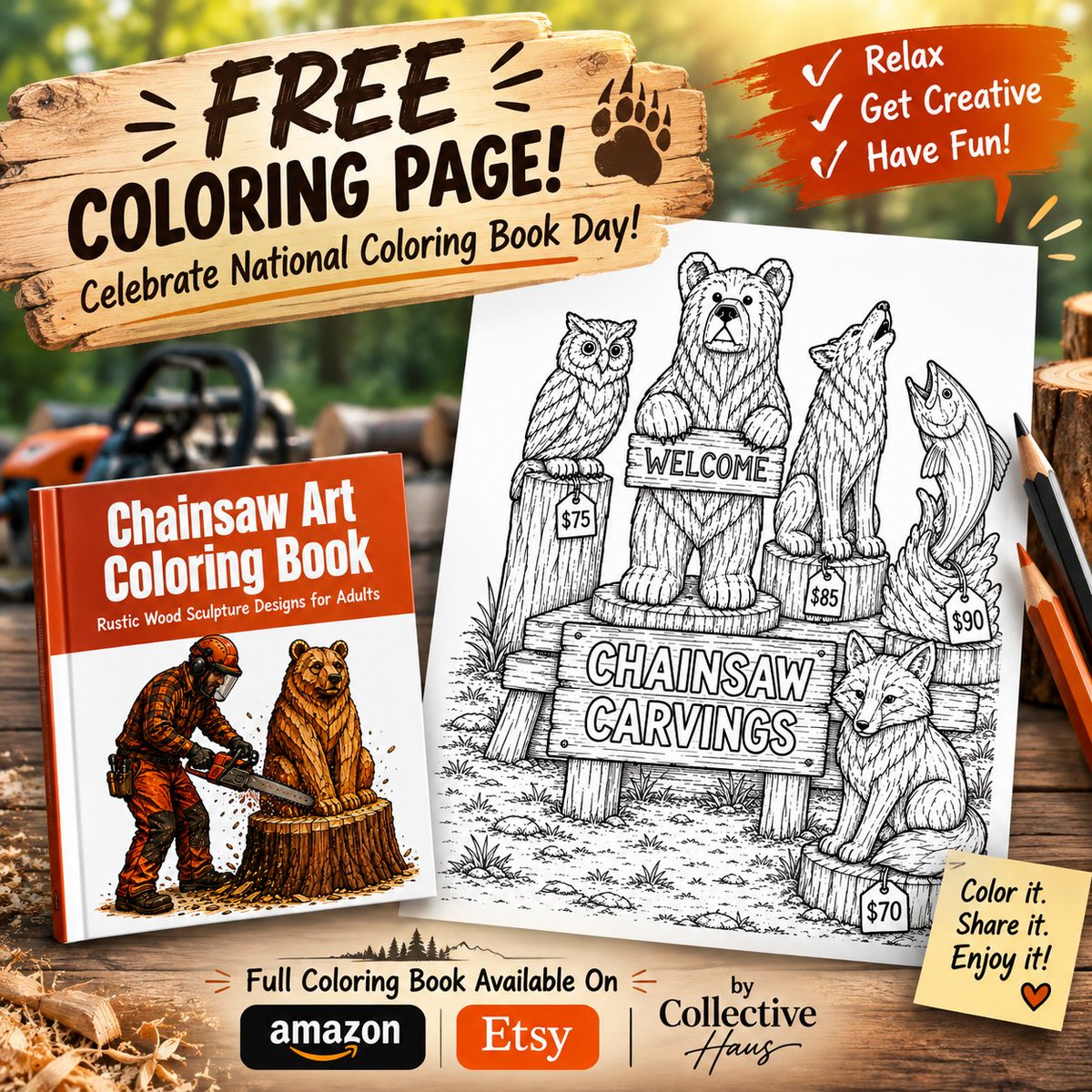 CollectiveHaus's tweet photo. Free coloring page for National Coloring Book Day! 

🐻🦉 

Relax, get creative, have fun.

👇 Link in comments!

#ChainsawArt #NationalColoringBookDay #FreeColoringPage https://t.co/6CWMk9o0Sx