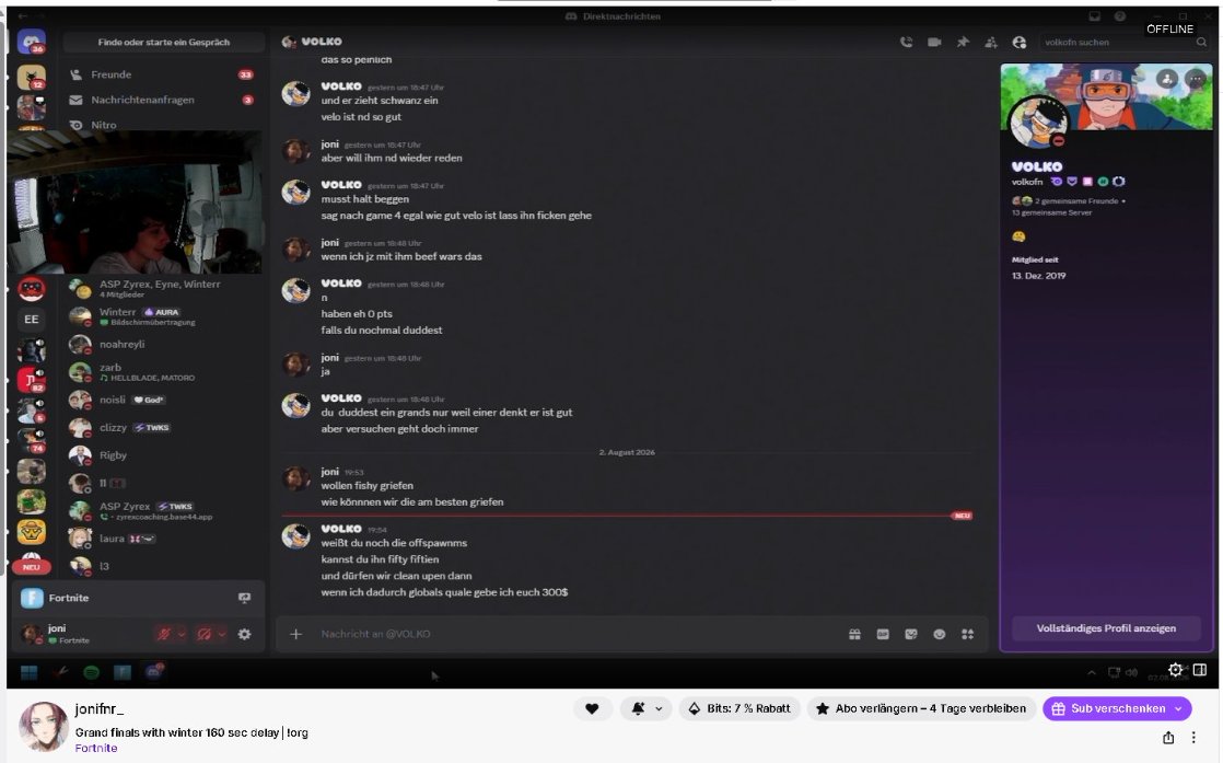 HutyFN's tweet photo. Pro Player @volkofn trying to Pay 300$ to someone for Griefing us in FNCS Grand Finals...

Joni "we want to grief fishy, whats the best way to grief them?" 

Volko: "Do you still remember the offspawns? Can you fifty fifty him, and then let us sweep you? If we qual globals because of that, I send you 300$" 

He then proceeds to pretend like it was not him with saying "?" But as seen in one of the images, it is the same list of badges, and same account creation date.

@FNCompetitive  @Hogman @AmarCoDTV  @NStarEsports