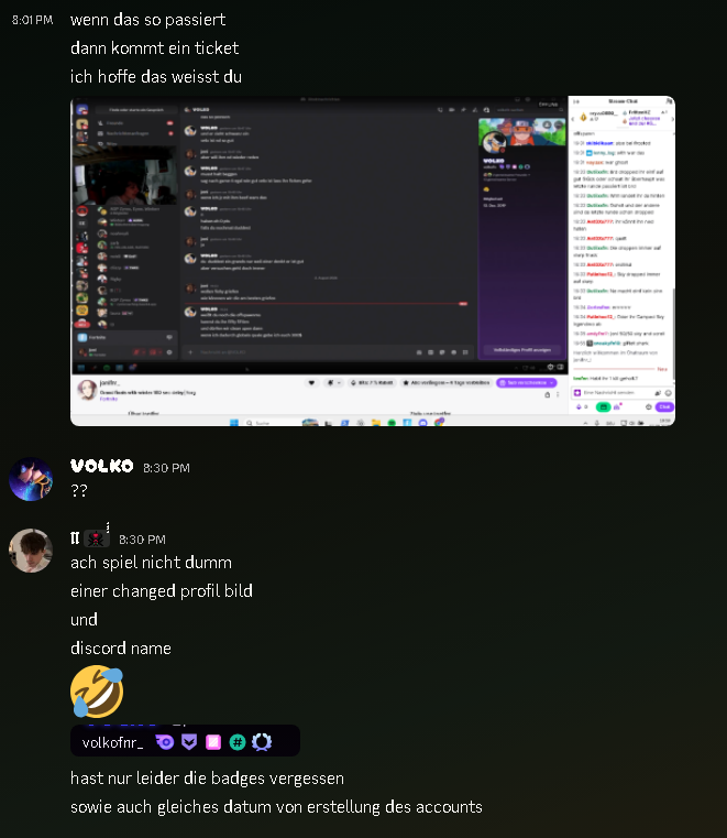 HutyFN's tweet photo. Pro Player @volkofn trying to Pay 300$ to someone for Griefing us in FNCS Grand Finals...

Joni "we want to grief fishy, whats the best way to grief them?" 

Volko: "Do you still remember the offspawns? Can you fifty fifty him, and then let us sweep you? If we qual globals because of that, I send you 300$" 

He then proceeds to pretend like it was not him with saying "?" But as seen in one of the images, it is the same list of badges, and same account creation date.

@FNCompetitive  @Hogman @AmarCoDTV  @NStarEsports