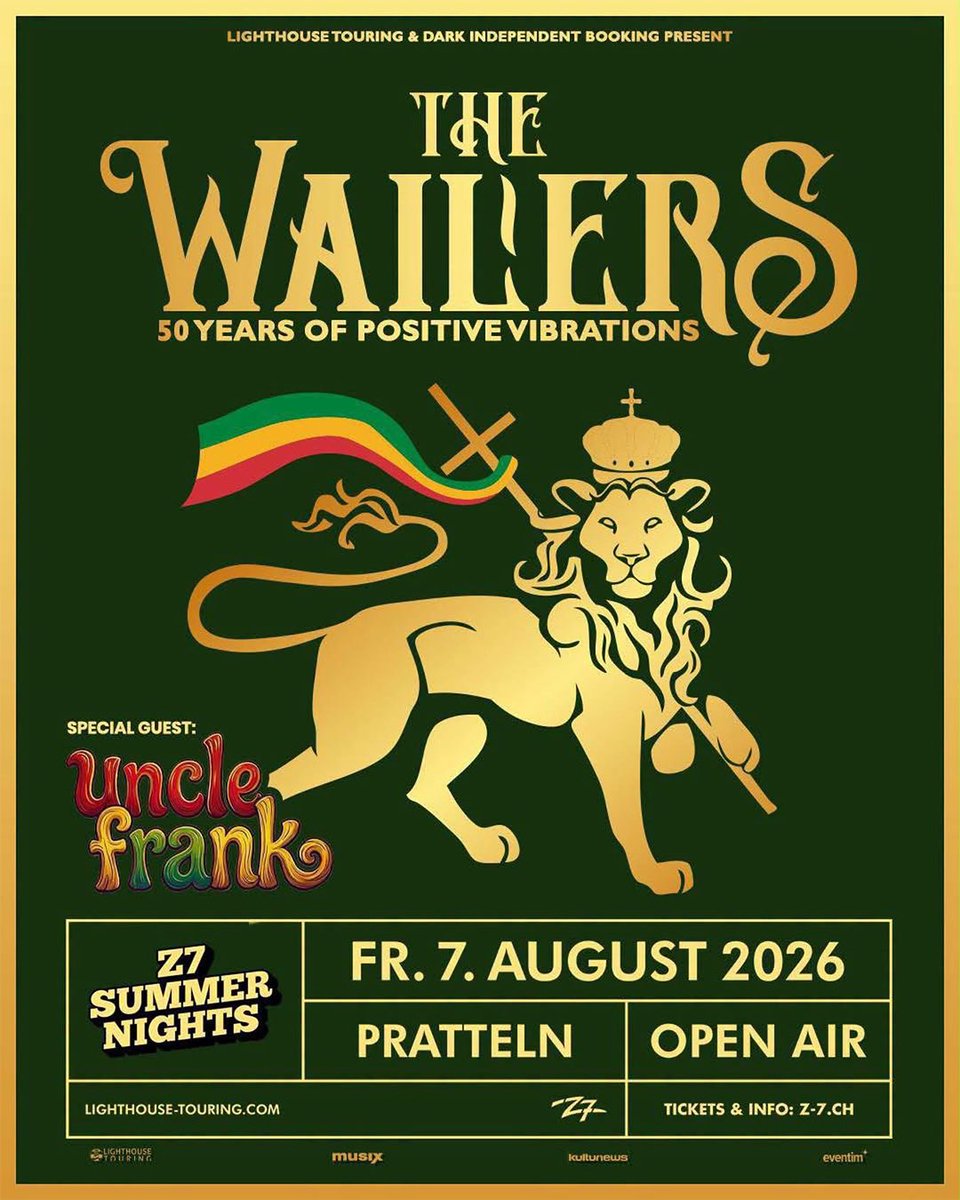 TheWailers's tweet photo. Nach einer großartigen Show im Hamburger Stadtpark Open Air und einem restlos ausverkauften Konzert in Lübbenau geht unsere Tour jetzt weiter nach Pratteln! 🔥

Am Freitag, 7. August 2026, bringen The Wailers ihre legendären Songs und 50 Years of Positive Vibrations zu den Z7 Summer Nights Open Air.

Mit dabei ist @unclefrankmusic, der den Abend mit seinen Island Versions eröffnet! 

Freut euch auf Klassiker wie No Woman, No Cry, Three Little Birds, Is This Love, Buffalo Soldier und One Love – live unter freiem Himmel.

📅 Freitag, 7. August 2026 📍 Z7 Summer Nights Open Air, Pratteln 🎶 Special Guest: @unclefrankband 🎟️ Tickets: https://t.co/DXPUV7pq0U

Pratteln – wir freuen uns auf euch! ❤️💛💚

—

After an incredible performance at Hamburg's Stadtpark Open Air and a completely sold-out show in Lübbenau, we're heading to Pratteln next! 🔥

This Friday, 7 August 2026, The Wailers bring 50 Years of Positive Vibrations to the Z7 Summer Nights Open Air.

Joining us is @UncleFrankBand , opening the evening with his unique Island Versions. 

Get ready for timeless classics including No Woman, No Cry, Three Little Birds, Is This Love, Buffalo Soldier and One Love under the summer sky.

📅 Friday, 7 August 2026 📍 Z7 Summer Nights Open Air, Pratteln, Switzerland 🎶 Special Guest: @unclefrankmusic 🎟️ Tickets: https://t.co/DXPUV7pq0U

See y’all Pratteln! ❤️💛💚

#TheWailers #UncleFrank #Z7SummerNights #Pratteln