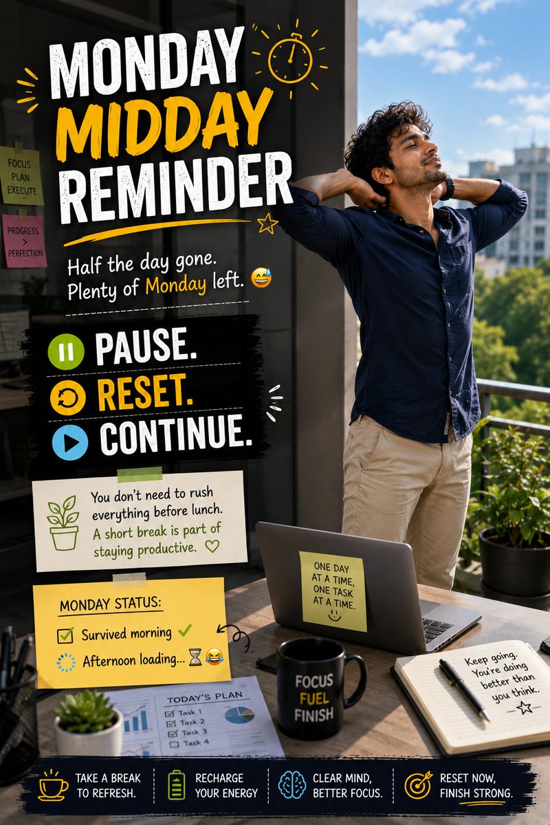 Cipher_Revolt's tweet photo. 12 PM REMINDER
Monday morning survived. ✅
Afternoon loading… ⏳😂
Before you jump into the second half, pause for a moment. Stretch, breathe, reset, and continue.
You don’t have to rush the whole day. 🌱
#MondayMood #MiddayReminder #TakeABreak #StayProductive https://t.co/QsLiMdUCrL