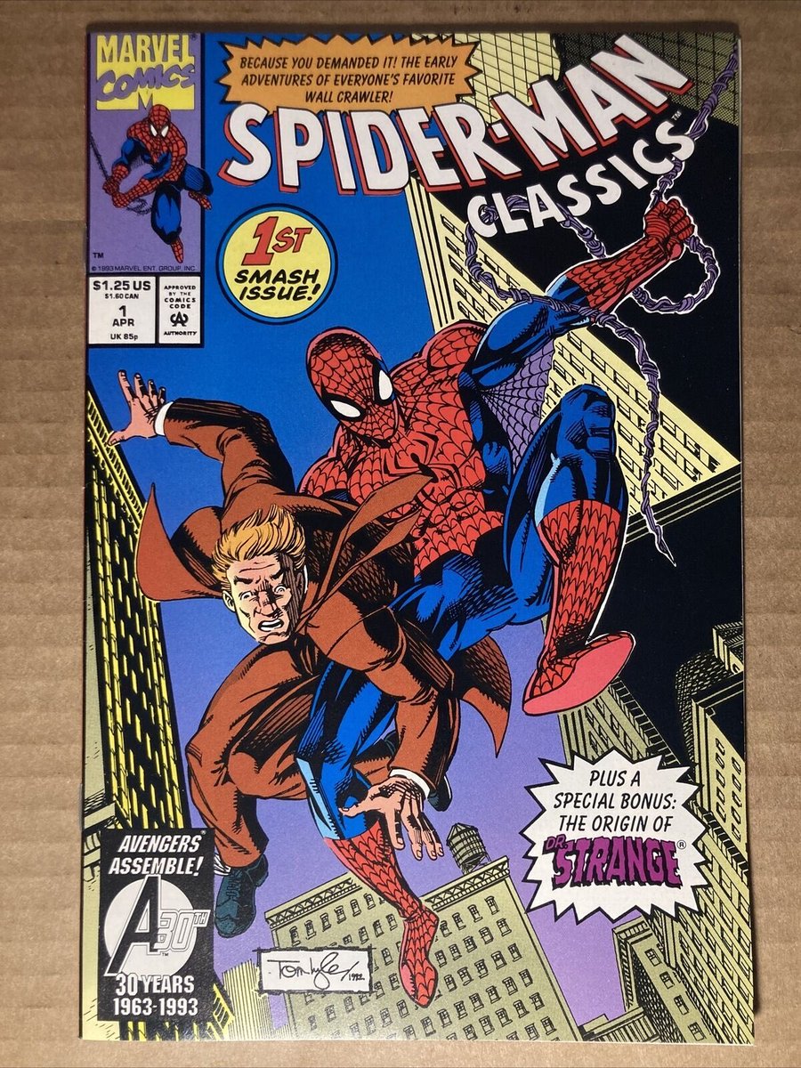 GenePark's tweet photo. in 1993 Marvel had a Spider-Man classics series that reprinted ALL his earliest stories as they published in the 60s, but presented with new cover art by modern artists like Ron Lim, Tom Lyle. i am lucky THIS is the spider-man i grew up with. i urge all spidey fans who never actually read his original stories to seek them out. it will deepen your love of the character. i agree Marvel should always be reissuing reprints of their flagship character