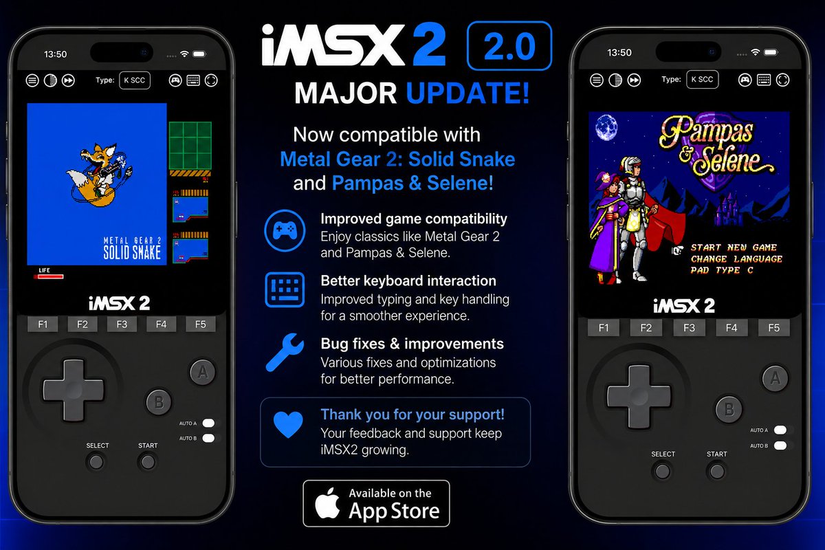 E7Company's tweet photo. iMSX2 2.0 is now available!
Metal Gear 2: Solid Snake and Pampas & Selene are now fully playable on iPhone & iPad!
https://t.co/j5yvkiVnXl
- Improved keyboard support
- Bug fixes & performance improvements
Thanks for all your support!
#MSX #RetroGaming #iOS #Emulation #MetalGear https://t.co/Y7rPt08mss