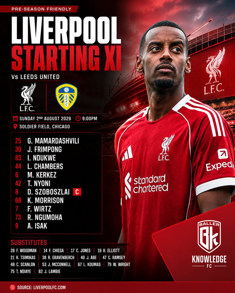 BallrKnowldgeFC's tweet photo. 🚨 TEAM NEWS | Liverpool XI vs Leeds United
Alexander Isak leads the line. Florian Wirtz starts in midfield. Rio Ngumoha gets another opportunity to impress.
Who's catching your eye in this starting XI? 👀
🔴 #LFC #Liverpool #LiverpoolFC #LeedsUnited #PreSeason https://t.co/gpPVayEgNT