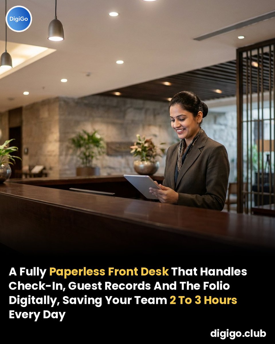 digigoclub's tweet photo. A paperless front desk is no longer optional for hotels in India. 

DigiGo, India's digital check-in and KYC platform for hotels, captures check-in and the folio digitally, so hotels save 2 to 3 hours at the desk daily.

 https://t.co/S6Cu4NkrDV 

#PaperlessFrontDesk #HotelTech https://t.co/Dlvc8LBFXB