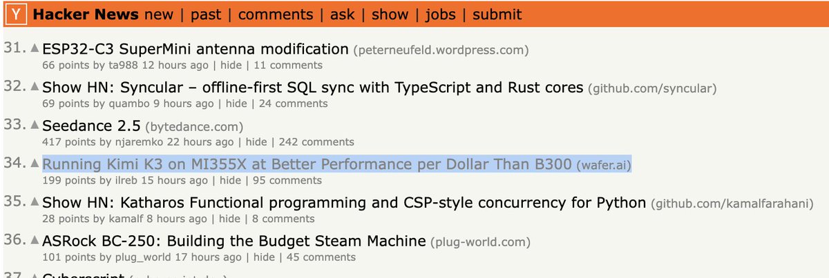 wafer_ai's tweet photo. 🚨 BREAKING

We're on Hacker News again 🧇

we figured out how to serve Kimi K3 at 3.8x higher throughput and 71% lower cost on @AMD MI355x vs B200

more here: https://t.co/jHnWGkWAVo https://t.co/B4EYJxO0DP