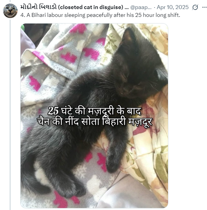 BiharHArchive's tweet photo. I urge both @bihar_police and @GujaratPolice to take immediate action against such accounts. They are spreading hateful content targeting Biharis on X and Instagram. Online hate spills over into the real world and endangers the safety of Biharis living in other states. https://t.co/tltgOznuYY