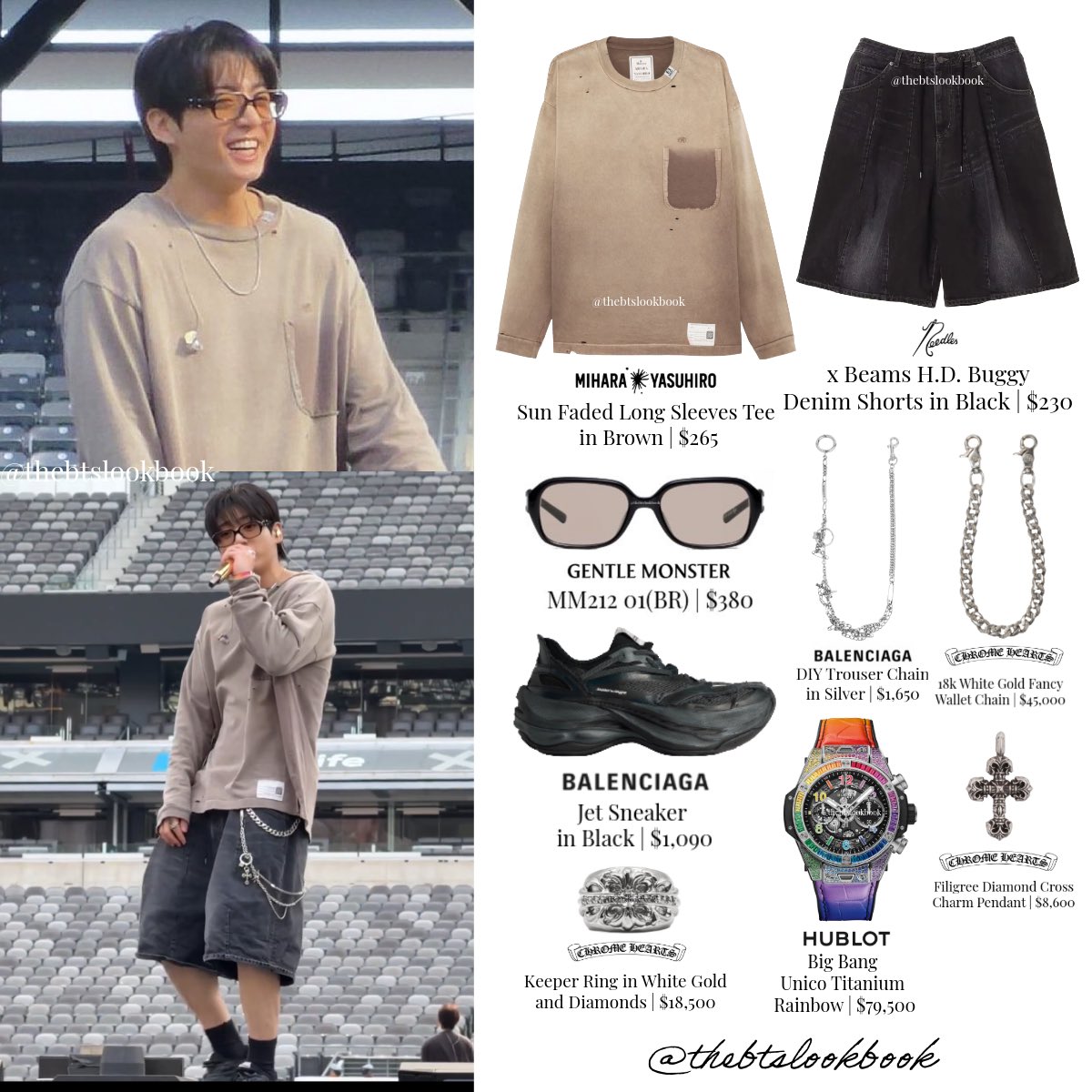 thebtslookbook's tweet photo. Jungkook wore a Mihara Yasuhiro “Sin Faded Tee”, Needles “Buggy Denim Shorts” Gentle Monster “MM212 01(BR) and @Hublot “Big Bang Unico Titanium Rainbow”

#jungkook #jk #정국 #BTS #thebtslookbook #방탄소년단 #jungkookstyle #btsstyle #Hublot #BTS_WORLDTOUR_ARIRANG https://t.co/Mz88HBGANI