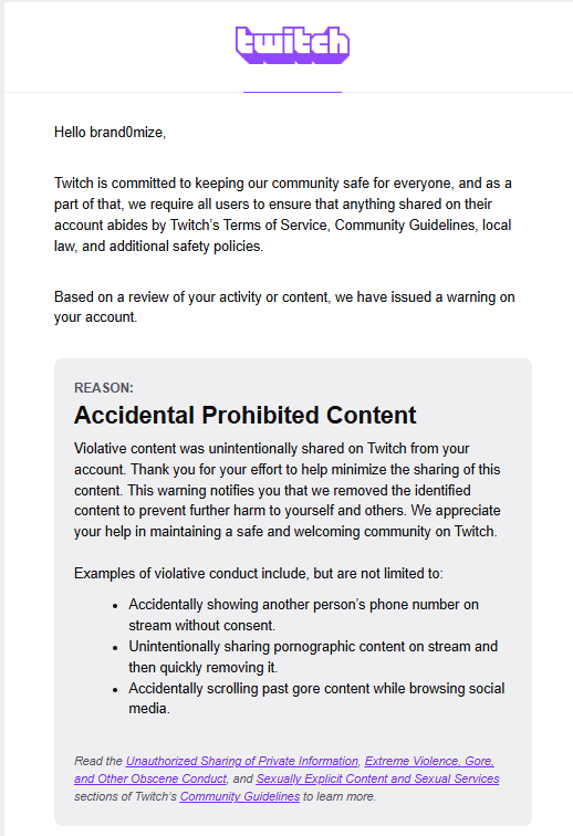 Brand0mize's tweet photo. see this is why i cant do twitch sometimes. 

people always wanna troll and show content that breaks the rules. thankfully i only got a warning. https://t.co/nWaa2tmw9s
