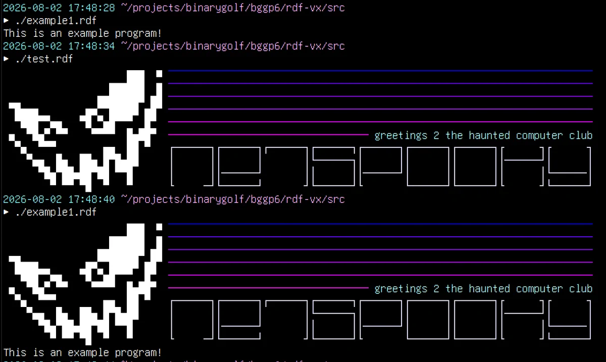 Command line showing example1.rdf outputting a string "This is an example program!". The next command, test.rdf, runs the virus and displays ansi art. The last command shows example1.rdf running again, with the ansi art banner appearing before the string it normally prints.