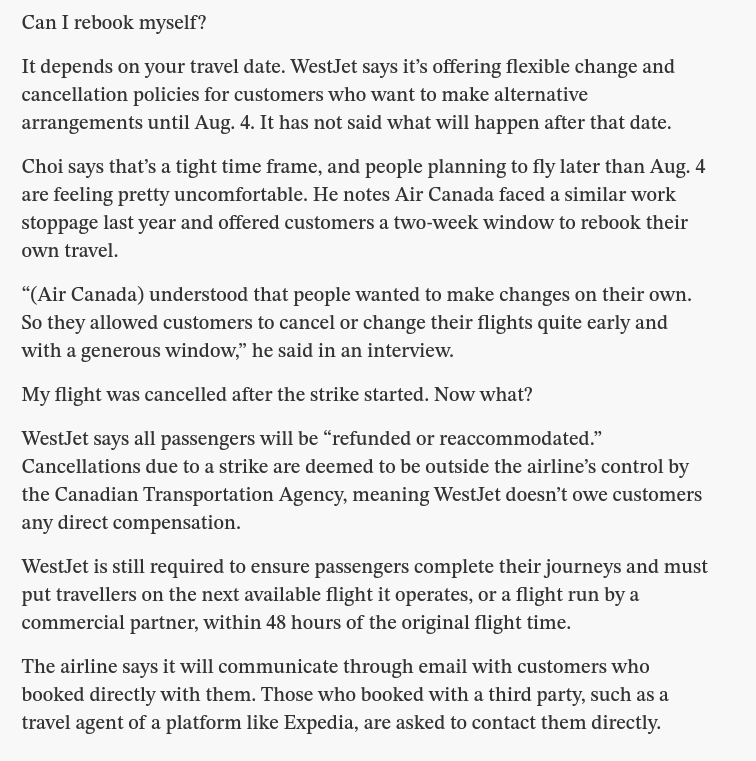 AirPassRightsCA's tweet photo. MISINFORMATION ALERT

The @CanadianPress has published a misinformation piece entitled "What travellers should know about navigating WestJet strike disruptions"
that repeat WestJet's message instead of legitimate information about your rights under the law. https://t.co/MxXunJqFBw