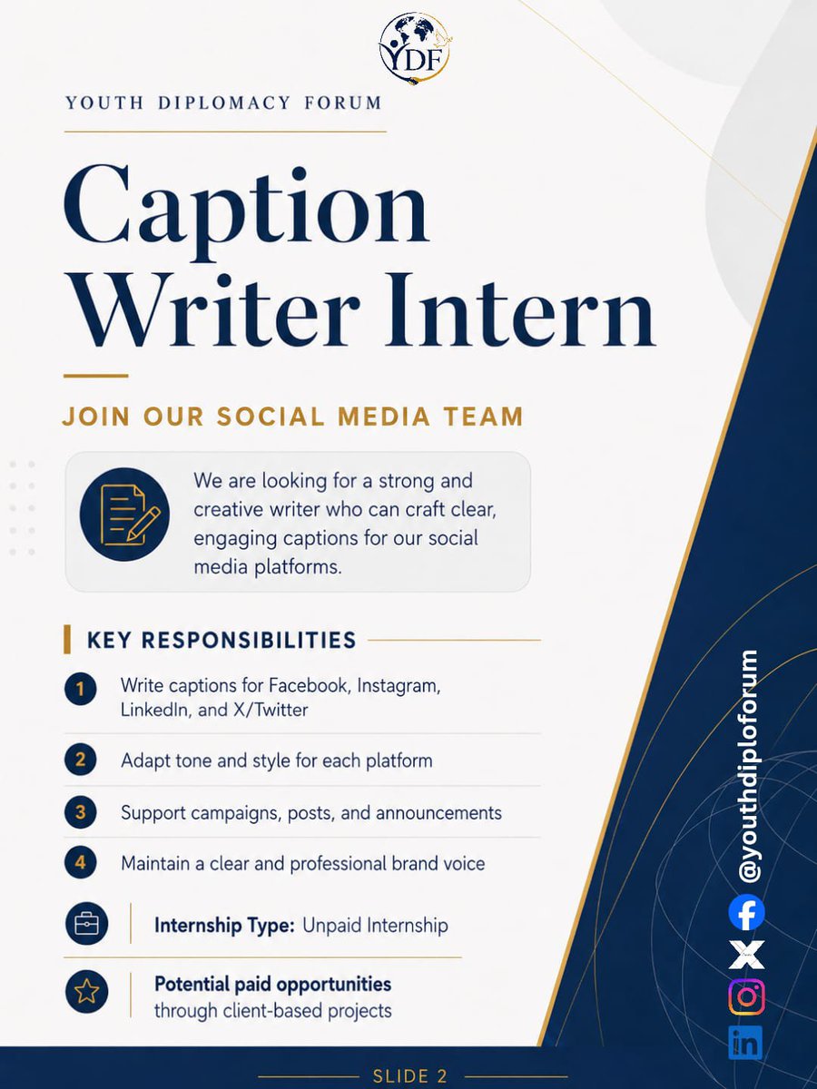 youthdiploforum's tweet photo. 🚀 We’re Hiring Interns at Youth Diplomacy Forum!

Join our Social Media Team and be part of a dynamic space where ideas meet impact. From content strategy to creative design, this is your chance to gain hands-on experience and build a strong professional portfolio. https://t.co/BV3T4IsROo