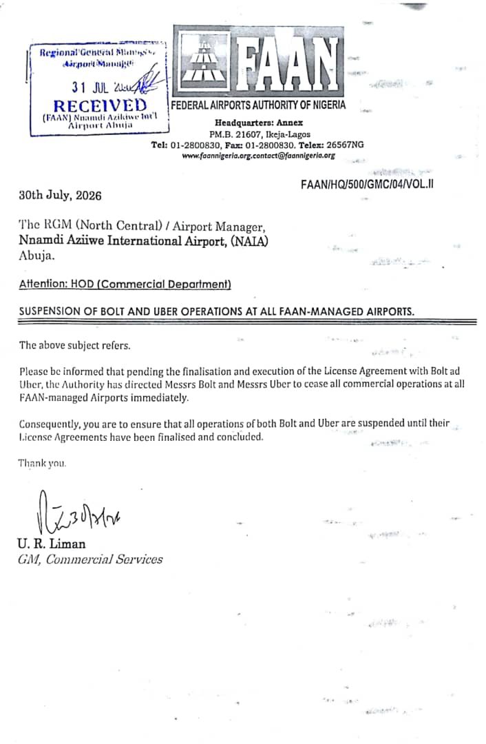 Sure5_odd's tweet photo. Uber and bolt operation at every FAAN facility has been suspended.  Thousand's of Nigerian depend on this ehailing for survival... What is the faith of the driver's under this ehailing app.. And the passenger who uses those app at the airport?.... I think FAAN should have a rethink about this.