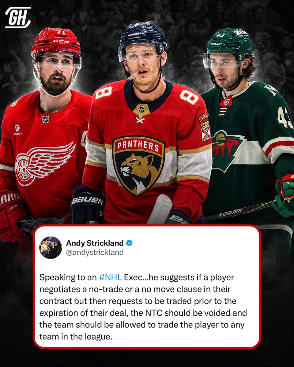 GinoHard_'s tweet photo. As trade requests become more common, one NHL executive has a solution for players who ask out 😳

Fair or too harsh? 🤔 (@andystrickland) https://t.co/TYqNng5lCW