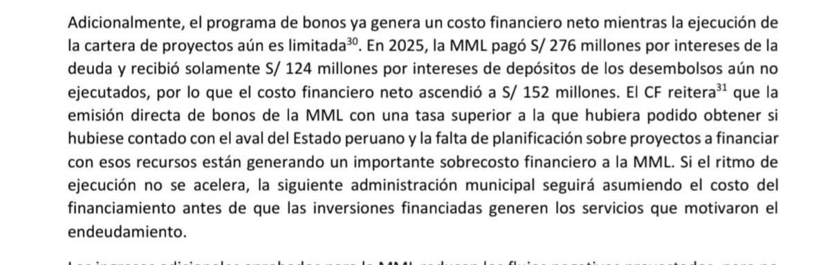 paolobenza's tweet photo. ¡Lo que se advirtió! Consejo Fiscal cuestiona que la Muni de Lima esté pagando más por los intereses de bonos que emitió Porky, que lo que recibe por tener esa plata dormida en un banco (58 proyectos apenas avanzaron 25%).

¿Costo financiero de esa gracia? S/152 millones en 2025. https://t.co/oTanFxP932