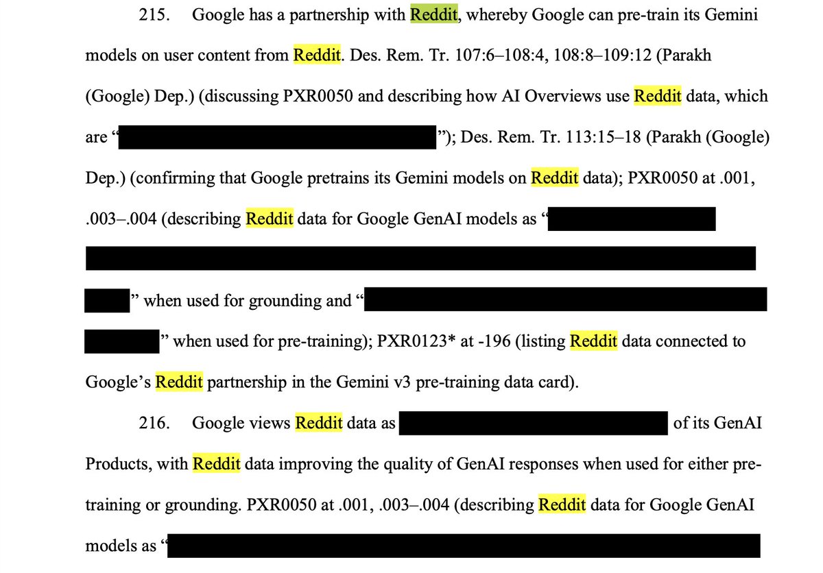 bjmtweets's tweet photo. $RDDT is likely to make significant gains from renegotiating its API deals

Google’s own internal evidence reportedly found that licensed data provides meaningful product quality benefits to Gemini, both during model pre-training and when Reddit content is retrieved to provide live AI answers in inferencing.

The disclosure appears in the DOJ plaintiffs’ public, redacted remedies filing from the Google Search antitrust case.

Reddit is also the #1 most cited domain for AI answers.

Semrush found that of 150,000 citations from AI it studied, Reddit leads all sources with a 40% citation frequency. Wikipedia was next at 26.3%.

Google is set to spend $200B in capex this year.

The industry is already looking at $1T in annualized capex spend.

Reddit is only making around $160M a year leasing its data to AI.

That means Reddit is only capturing about 0.016% of the annualized AI capex spend, despite being 40% of cited outputs.

If Reddit 10x its revenue from leasing out its data, it would still be only one tenth of a percent of the money being spent on AI.

The AI industry relies on Reddit for model quality and the loss of not having that data is significant.

Google as well as the rest of foundation models will be highly interested in signing a deal. The value Reddit can capture should increase, as the importance of AI, and spend here, has increased significantly over the past 2 years since the previous deal was signed.